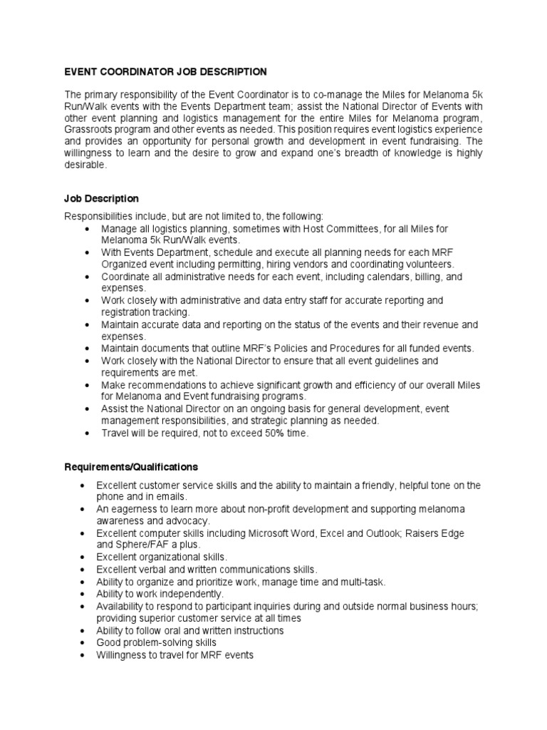 Event Planner Coordinator Job Description PDF Business