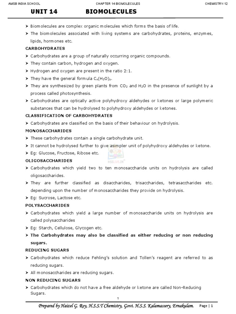 Hsslive Xii Chem 14. Biomolecules PDF Carbohydrates Nucleic Acids