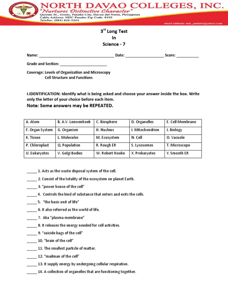 3rd Long Test in Science | PDF | Cell (Biology) | Organelle