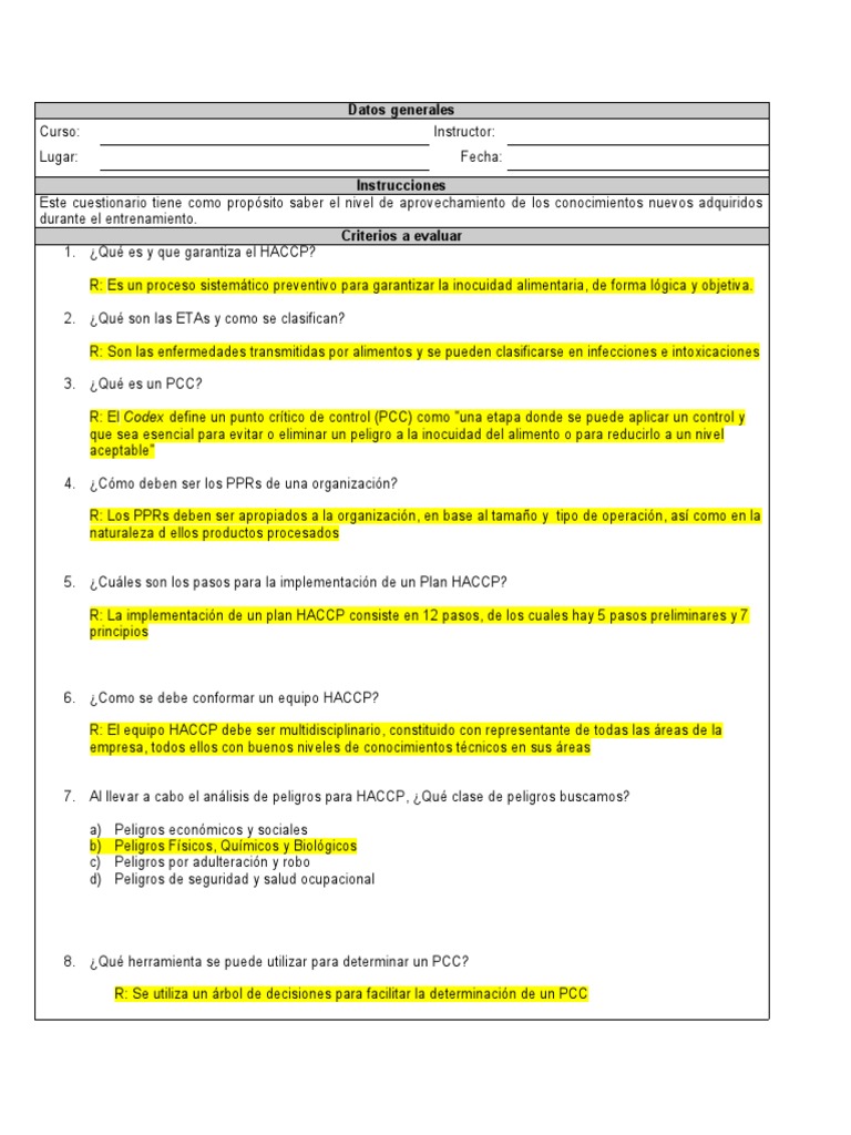 Examen HACCP Basico CON RESPUESTAS PDF Análisis de Riesgo y Puntos