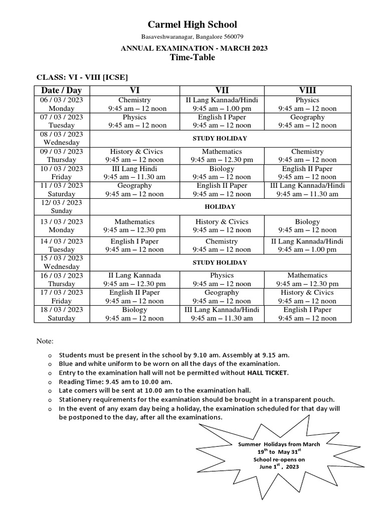 TimeTable Carmel High School PDF