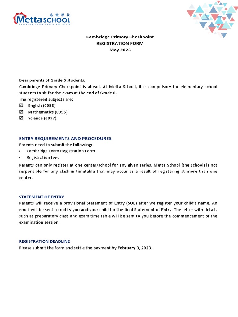 Cambridge Primary Checkpoint Reg Form MayJune 2023 METTA | PDF ...
