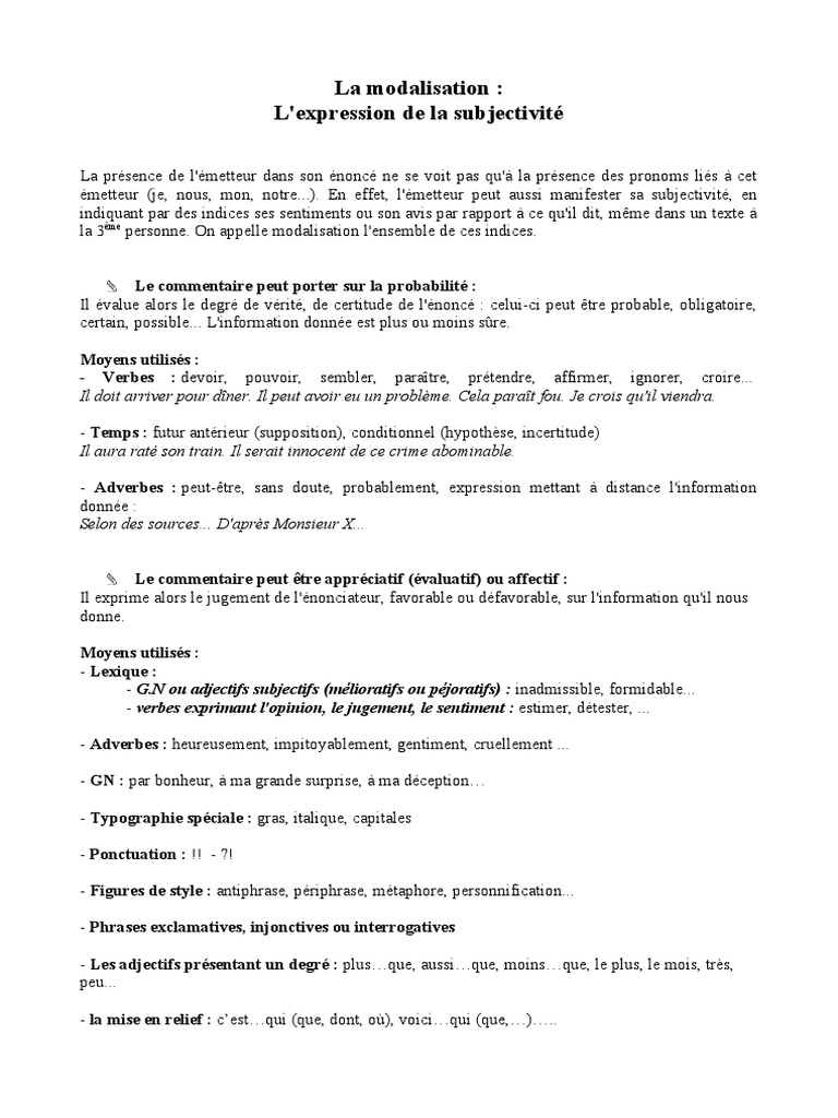 La Modalisation Et La Subjectivite 2nde | PDF | Philosophie ...
