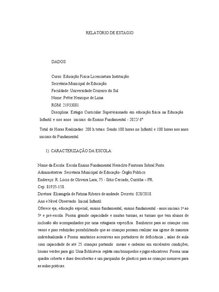 Relatório de estágio em educação física na educação infantil e nos anos ...
