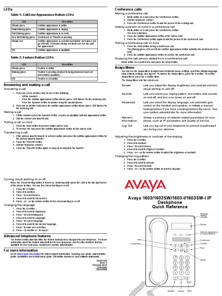 Avaya 1603 Quick Reference Guide | PDF | Conference Call | Telephone