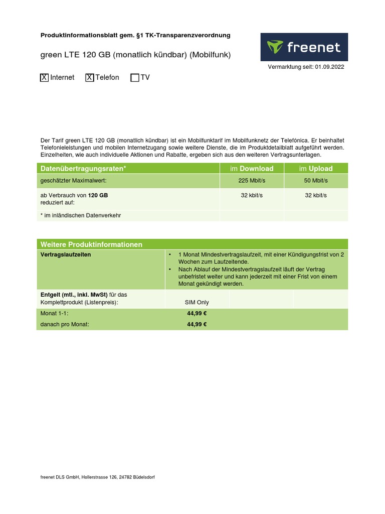 Green Lte 120 GB Monatlich Kuendbar Produktinformationsblatt | PDF