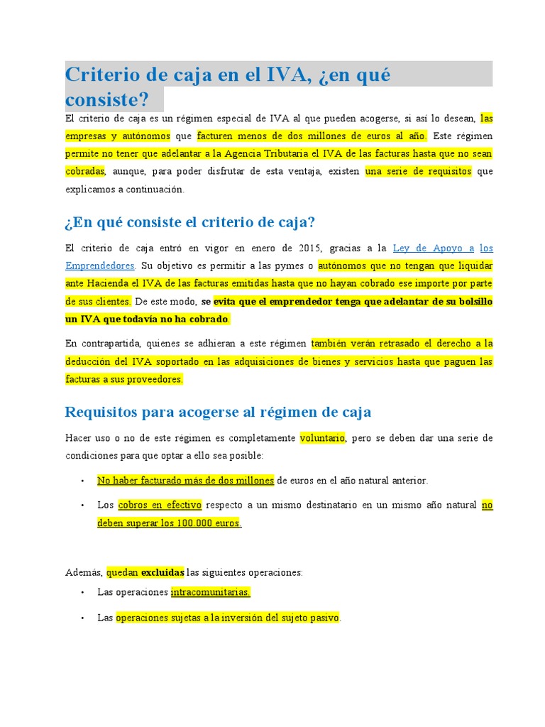 Criterio de Caja en El IVA PDF Factura Impuesto al valor agregado