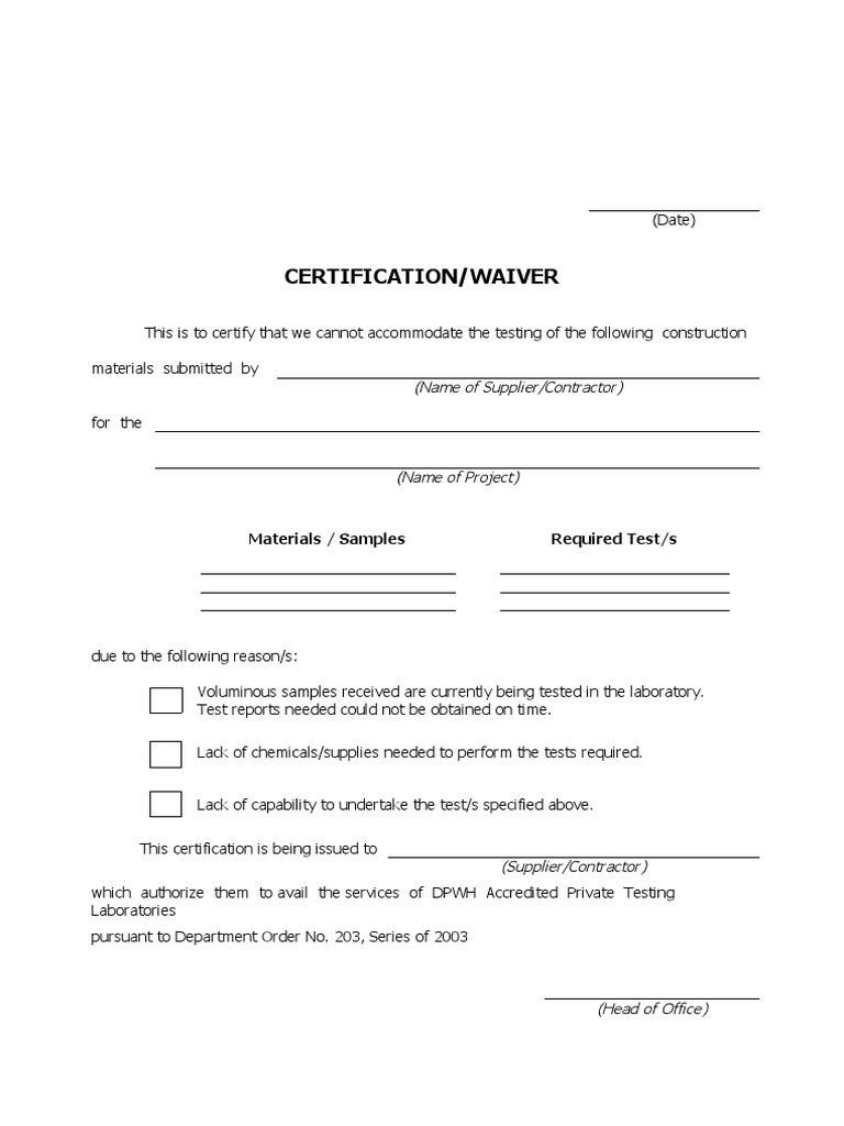 Certification of Waiver for Testing | PDF
