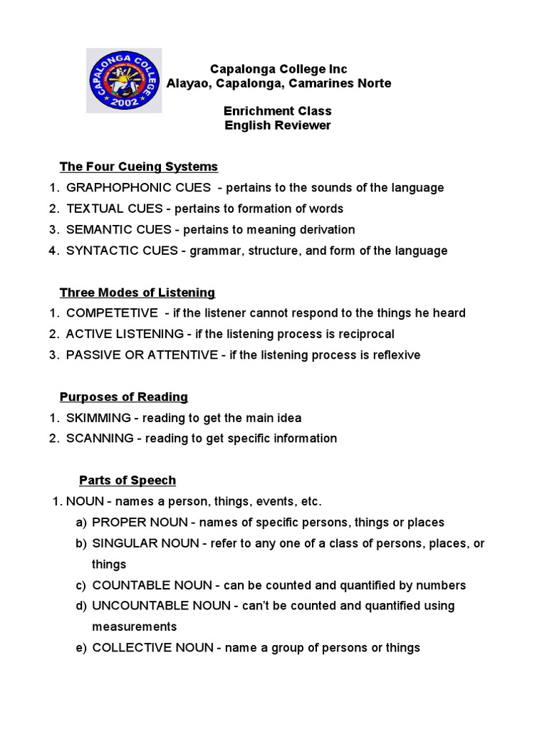 Enrichment Class Reviewer | PDF | Pronoun | Noun
