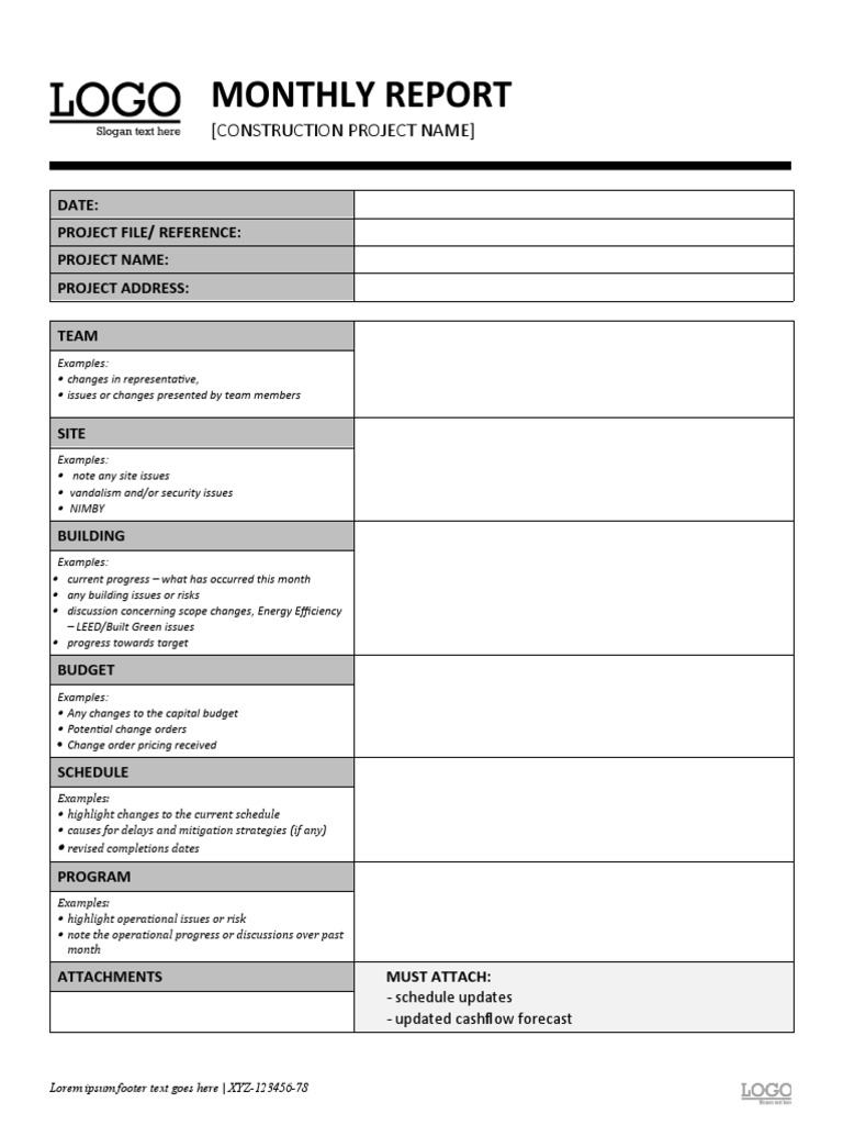 Monthly Construction Report Template PDF