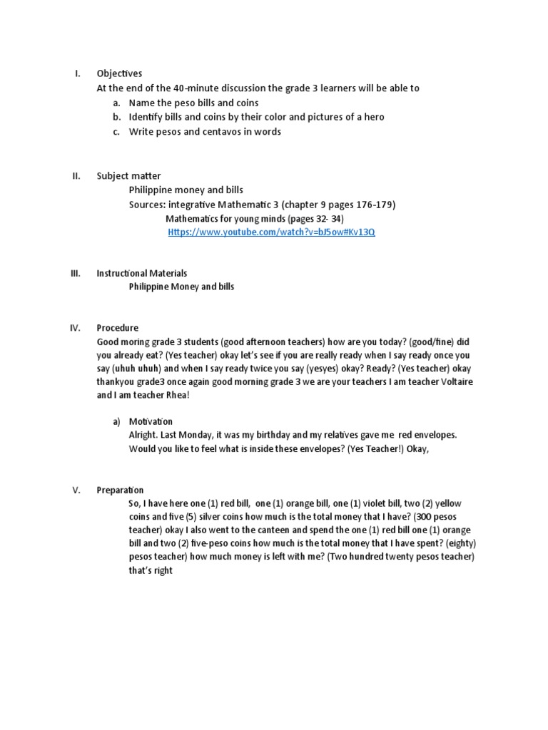 Math Lesson Plan - Philippine Bills and Coins | PDF | Foreign Language