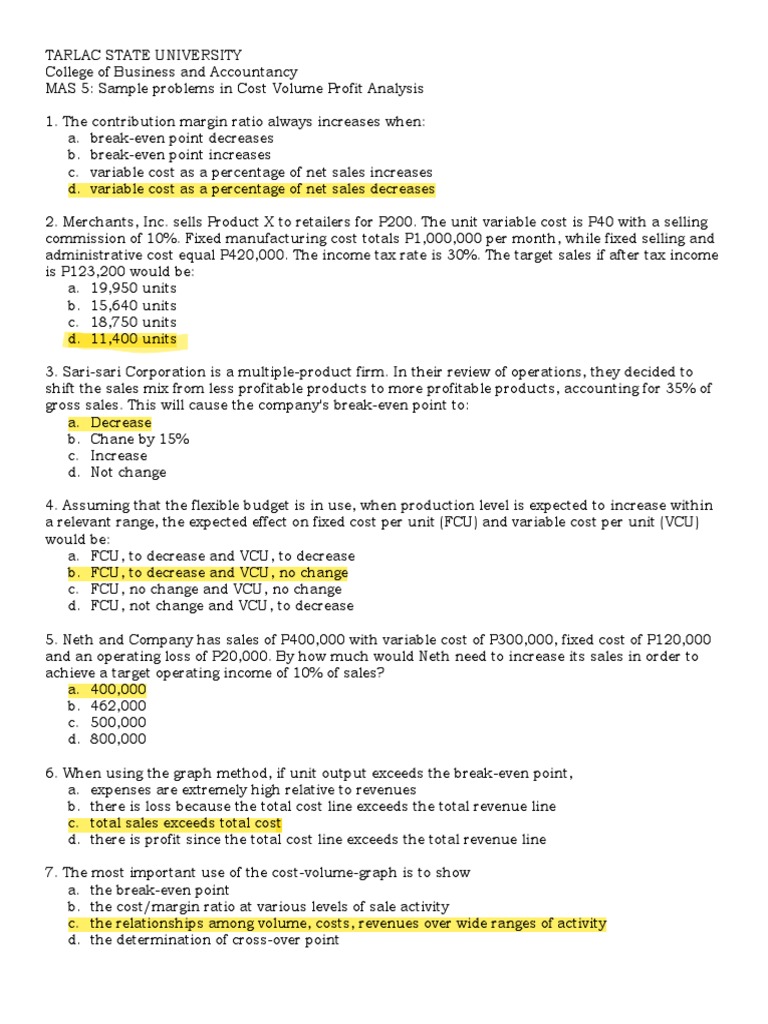 MAS 5 - CVPA Exercises | PDF | Economies | Investing
