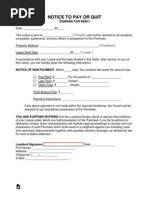 Eviction Notice to Pay or Quit Form