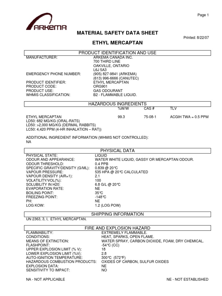Material Safety Data Sheet Ethyl Mercaptan Product Identification and Use PDF Explosion