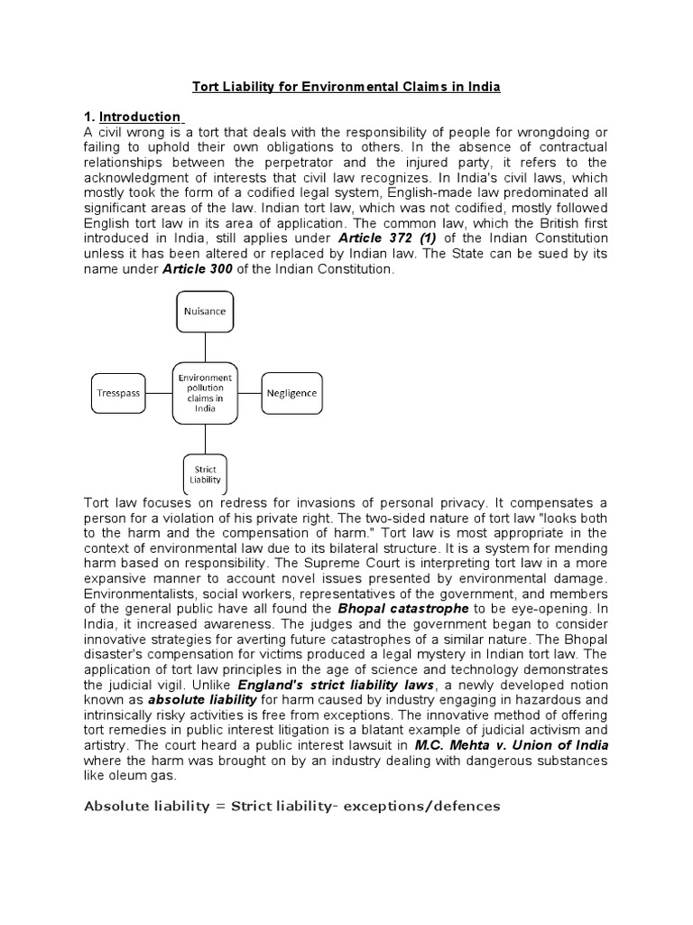Tort Liability For Environmental Claims In India Pdf Tort Trespass
