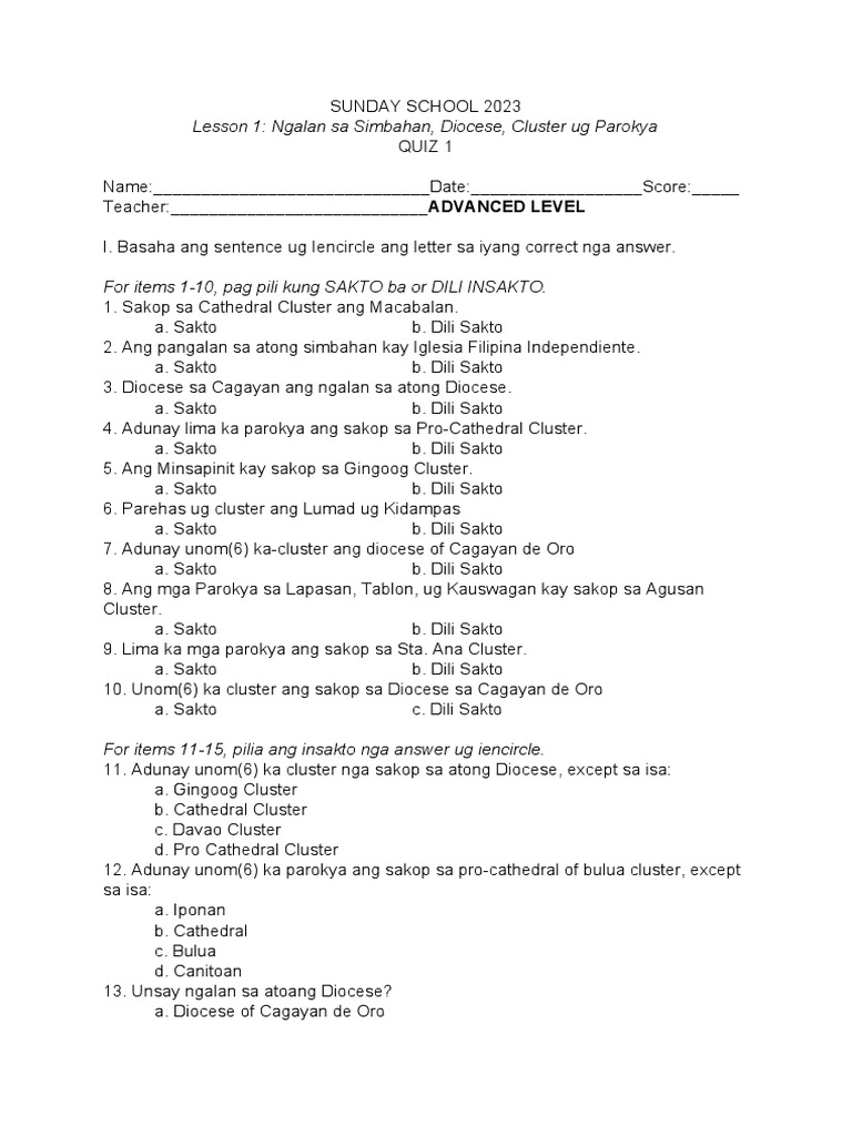 Sunday School Quiz 1 | PDF