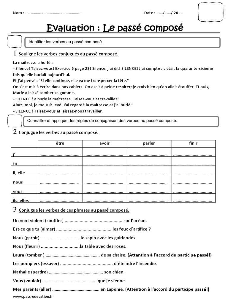 évaluation Passé Composé Cm1 Avec Correction Passe Compose Ce2 Evaluation | PDF