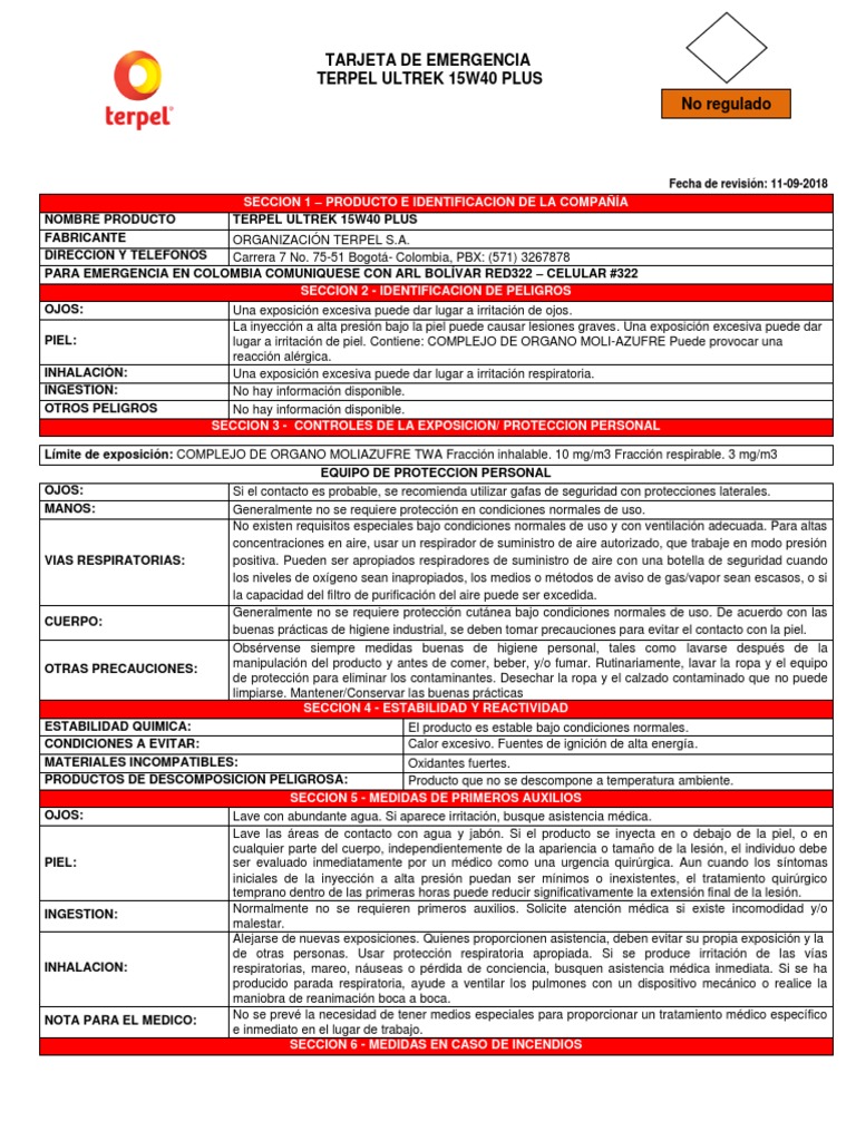 Tarjeta de Emergencia Terpel Ultrek 15W40 | PDF | Agua | Reanimación ...