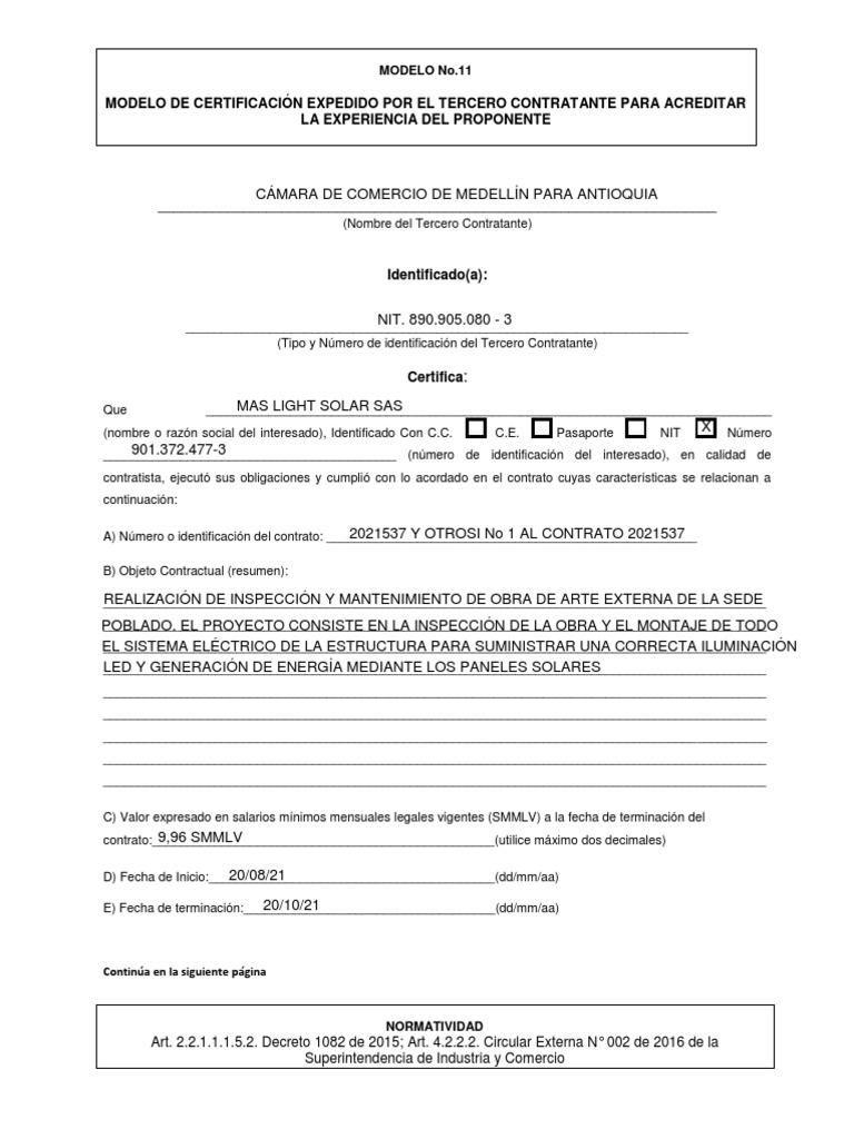 Modelo de Certificación Expedido Por El Tercero Contratante para ...