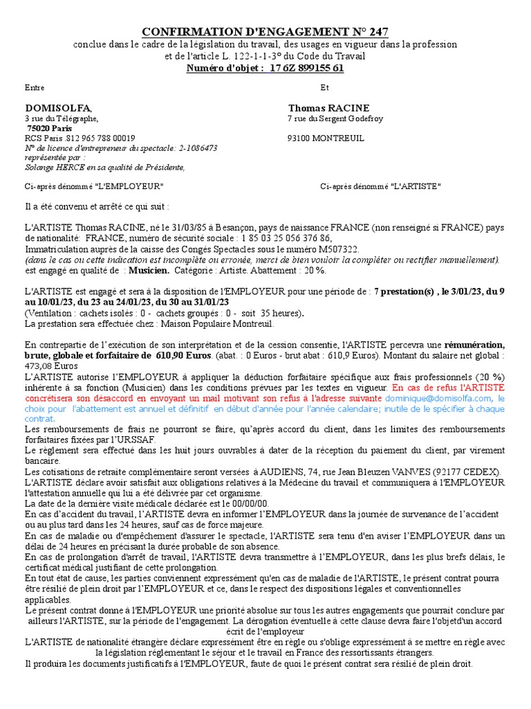 Engagement de Musicien avec Domisolfa | PDF | Salaires | Propriété ...
