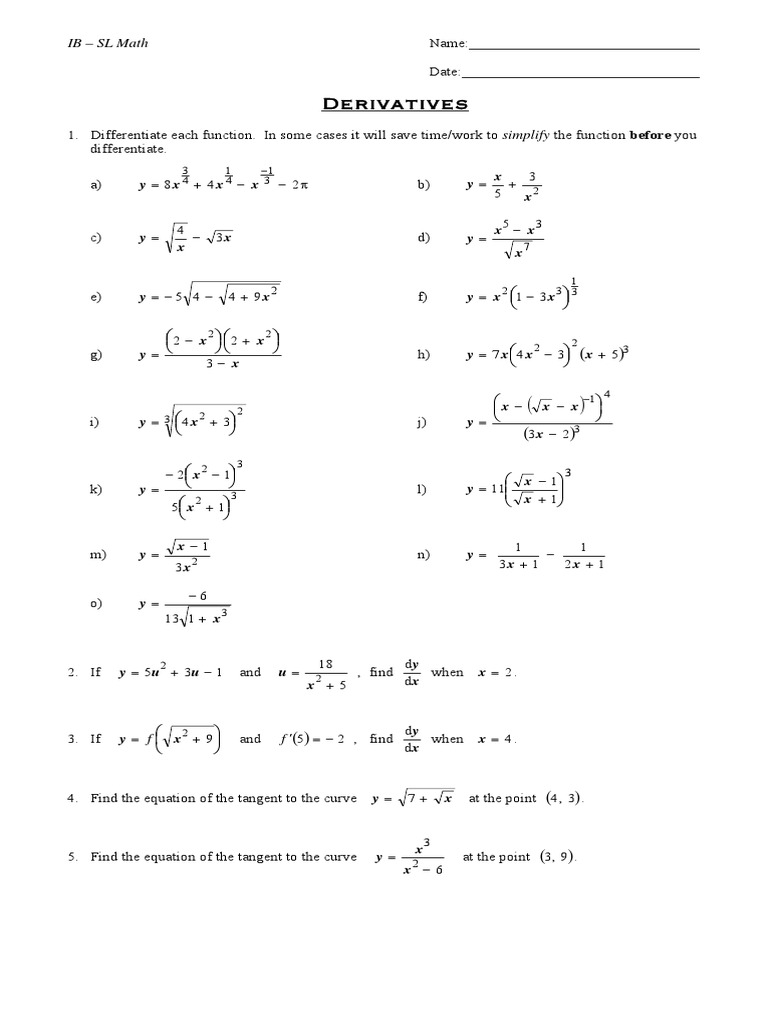 Worksheet - Derivatives | PDF | Tangent | Mathematics
