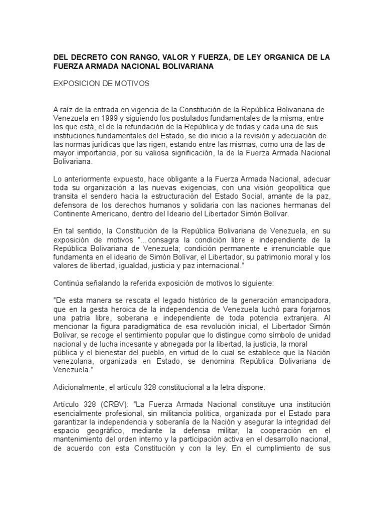 Ley Orgánica de la Fuerza Armada Venezolana | PDF | Comandante en jefe ...
