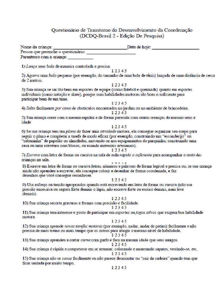 DCDQ - Pais (Transtorno Do Desenvolvimento Motor) | PDF