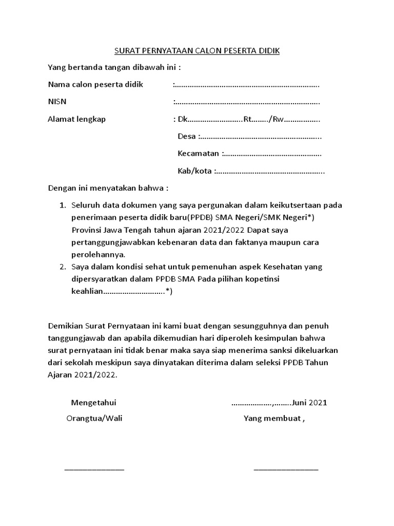 SURAT PERNYATAAN CALON PESERTA DIDIK (Tanpa Nama) | PDF