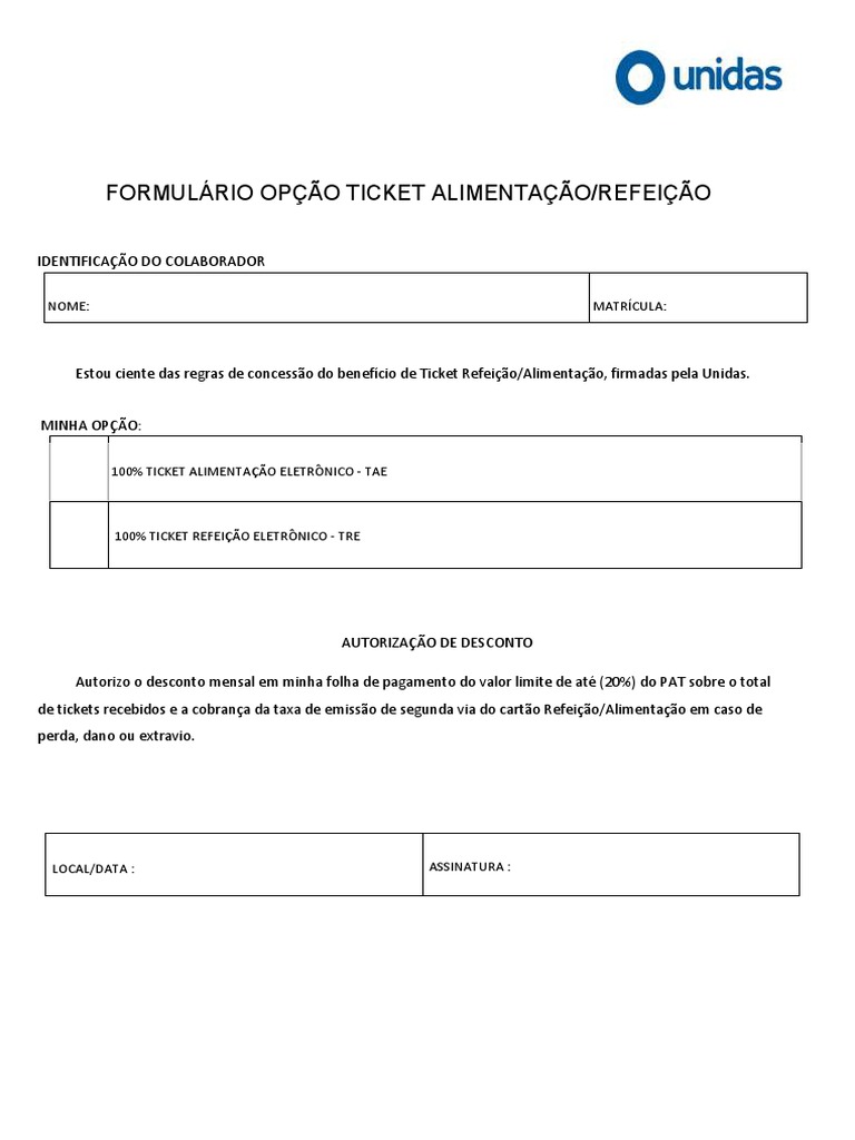 Opção de Ticket Alimentação/Refeição | PDF