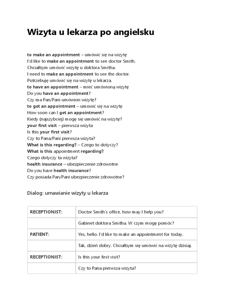 Wizyta U Lekarza Po Angielsku PDF