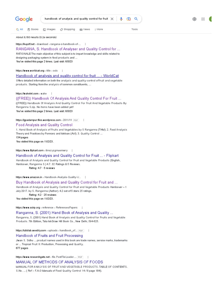 Handbook of Analysis and Quality Control For Fruit and Vegetable