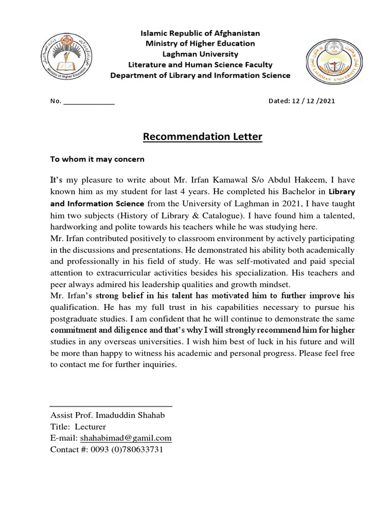 Irfanullah - Recommendation - Letter - From - SR Shahab | PDF