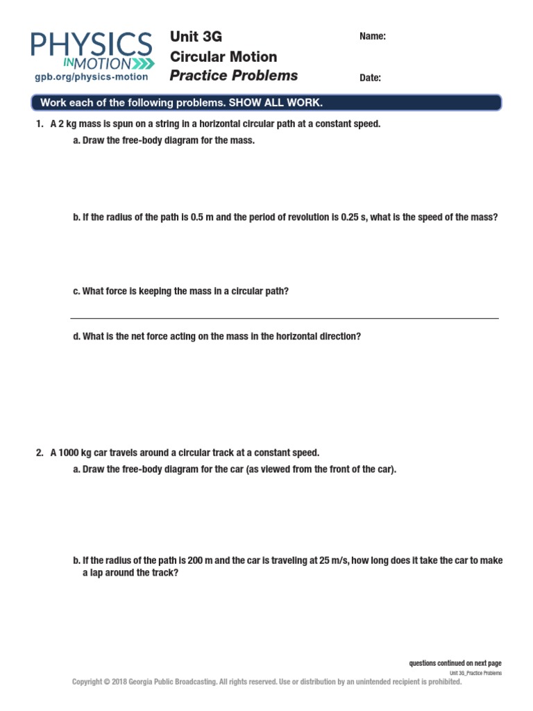 Unit - 3g - Circular Motion - Centripetal Force Practice - Problems - 0 ...