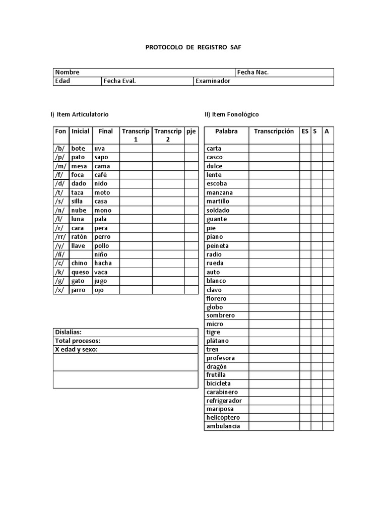 Saf Screening Articulatorio Fonológico | PDF
