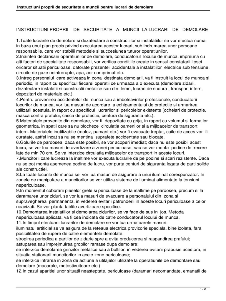 Instructiuni Proprii de Securitate A Muncii Pentru Lucrari de Demolare ...