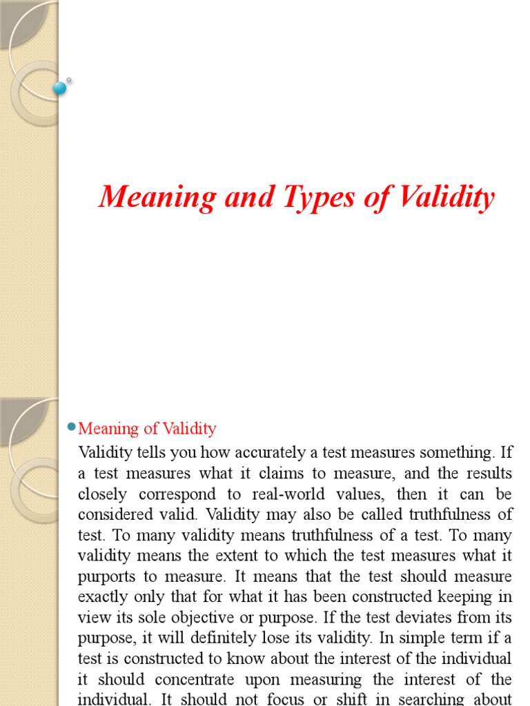 Meaning and Types of Validity PDF Validity (Statistics) Major