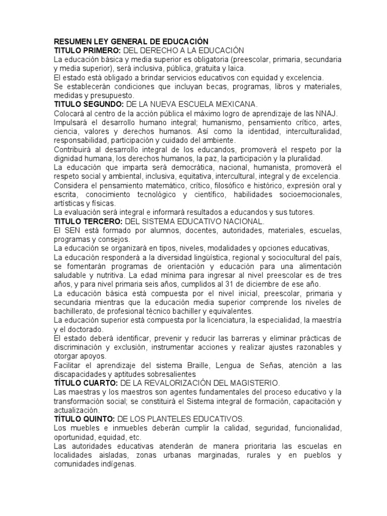 Resumen Ley General de Educación | PDF | Educación de la primera ...