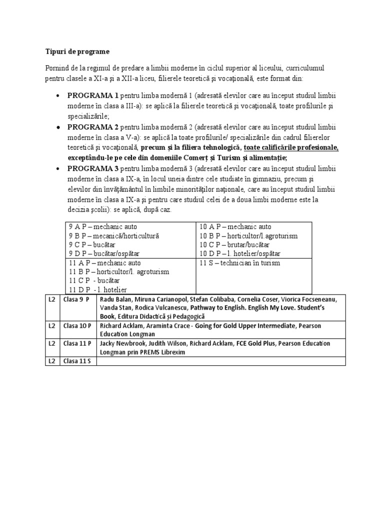 Programa Liceu - Manuale | PDF
