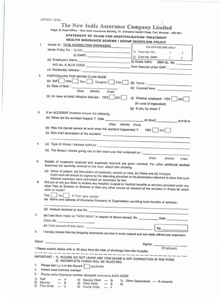 Mediclaim Reimbursment Form PDF