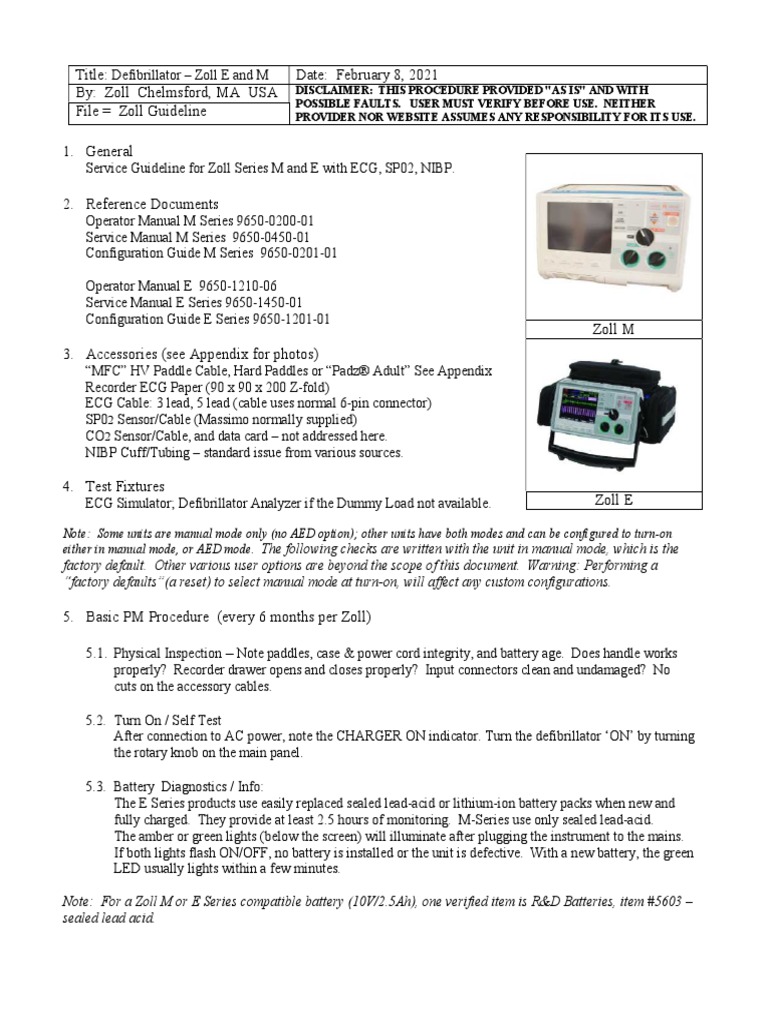 Zoll M, E Defibrillator Service Guideline PDF Equipment Electricity