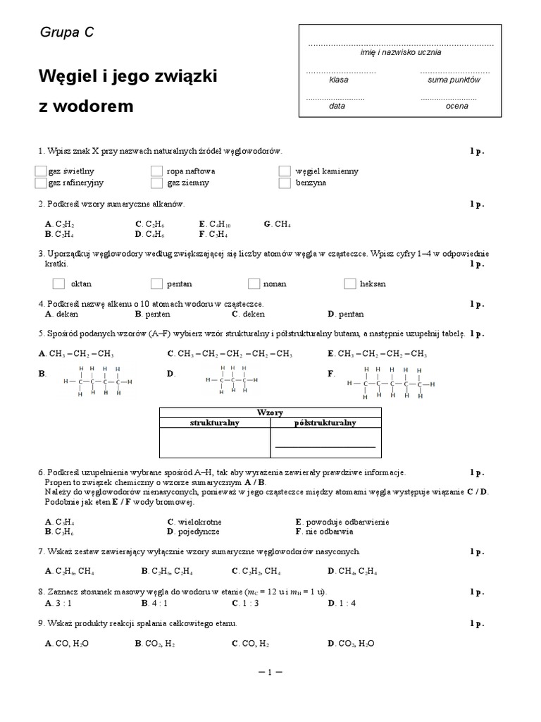 Związki Węgla Z Wodorem Sprawdzian Klasa 8 Nowa Era Sprawdzian 1 Wegiel I Jego Zwiazki Z Wodorem Grupa C | PDF