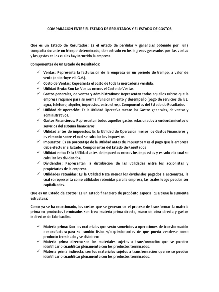 Comparacion Entre El Estado de Resultados y El Estado de Costos | PDF ...