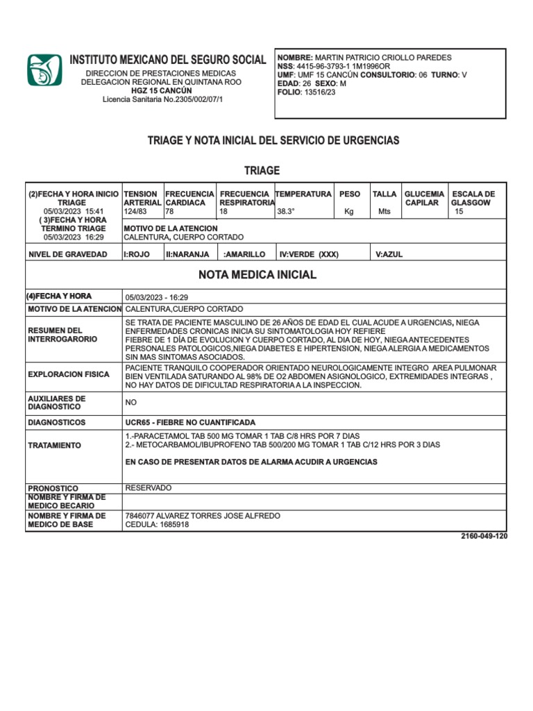 Nota Médica Inicial de Urgencias IMSS | PDF | Especialidades Medicas ...