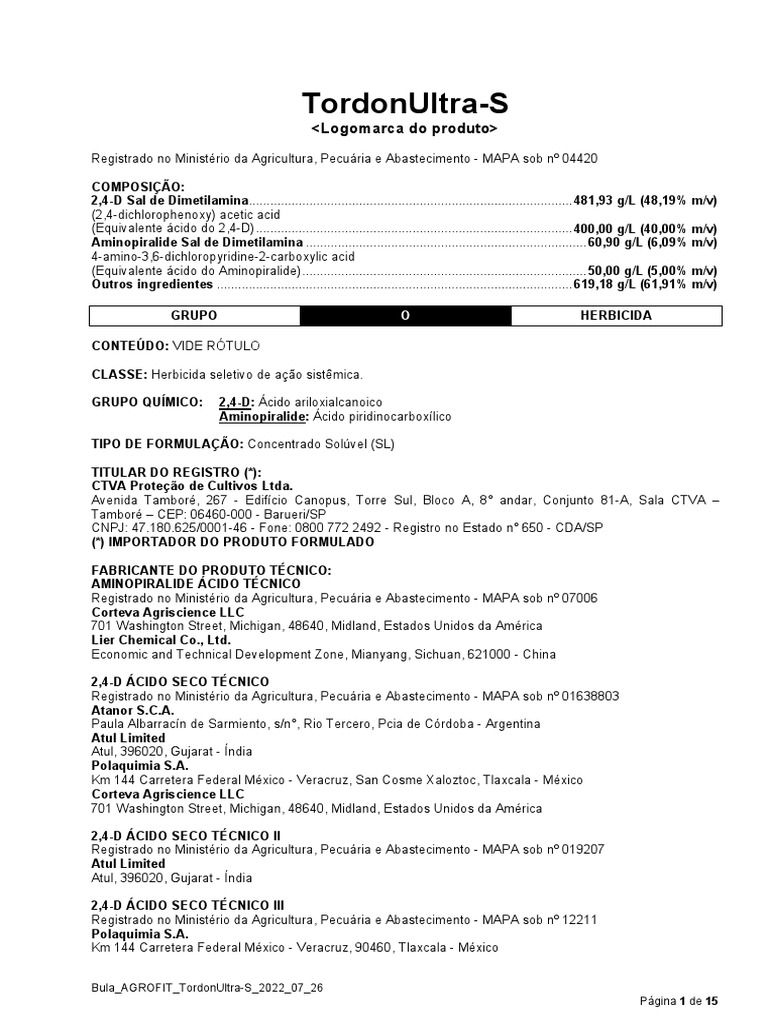 Bula do Herbicida TordonUltra-S | PDF | Voo | Agricultura