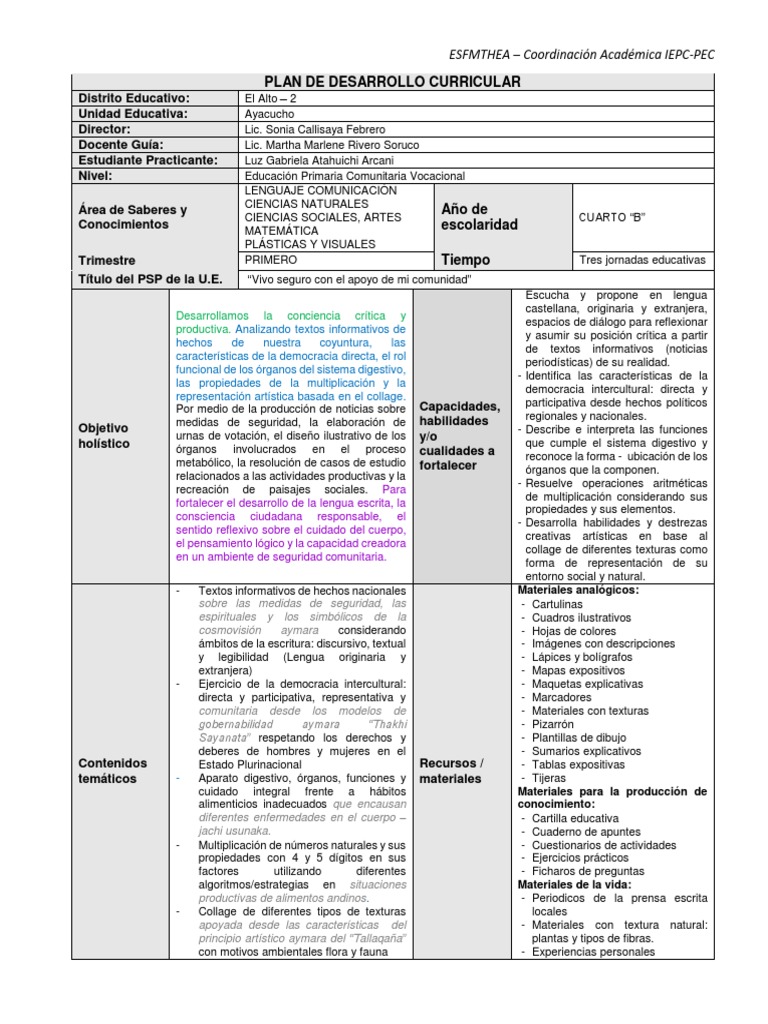 Plan Curricular de Educación Primaria | PDF | Bolivia | Democracia