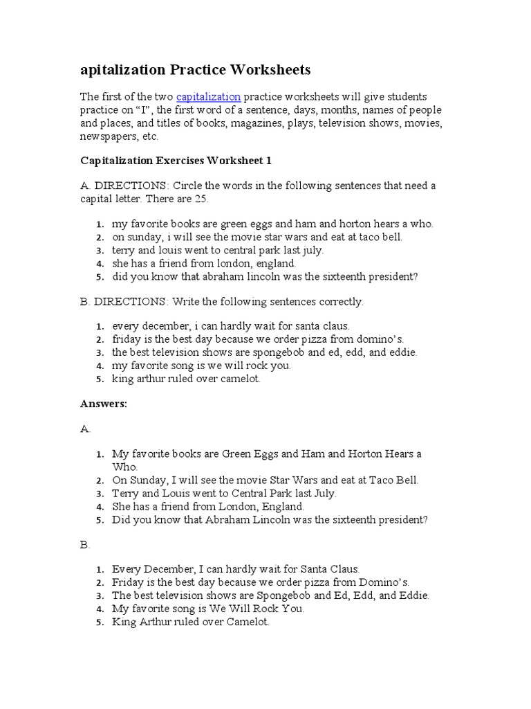 Capitalization Practice Worksheets | PDF | Travel | Art