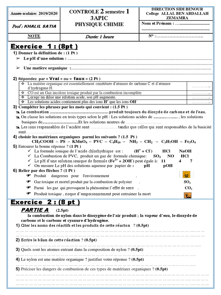 Examen de chimie : pH et combustion | PDF | Ph | Acide chlorhydrique
