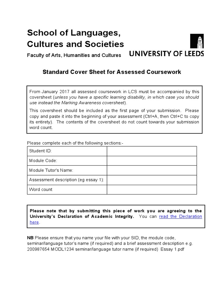 LCS Assessed Coursework Cover Sheet | PDF | Art