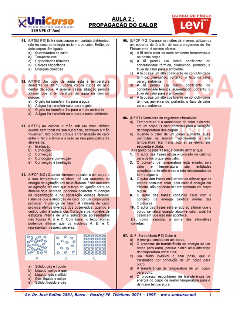 Questões sobre Propagação do Calor | PDF | Calor | Transferência de calor