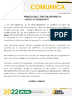 El Uso de Tapabocas Solo Será Obligatorio en Medios de Trasnporte